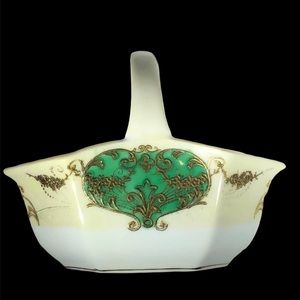 NORITAKE GREEN/GOLD/YELLOW HAND PAINTED PORCELAIN CERAMIC MINI BASKET